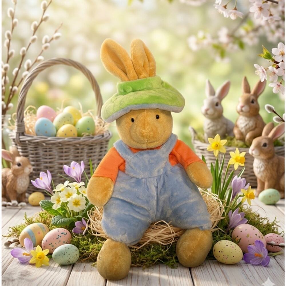 Mary Meyer Bunny Rabbit Plush 14" Overalls Cap Stuffed Animal Easter Nursery VTG